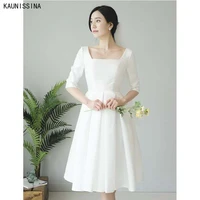 kaunissina satin wedding dresses women half sleeve square collar knee length simple white wedding gown bridal marriage dress