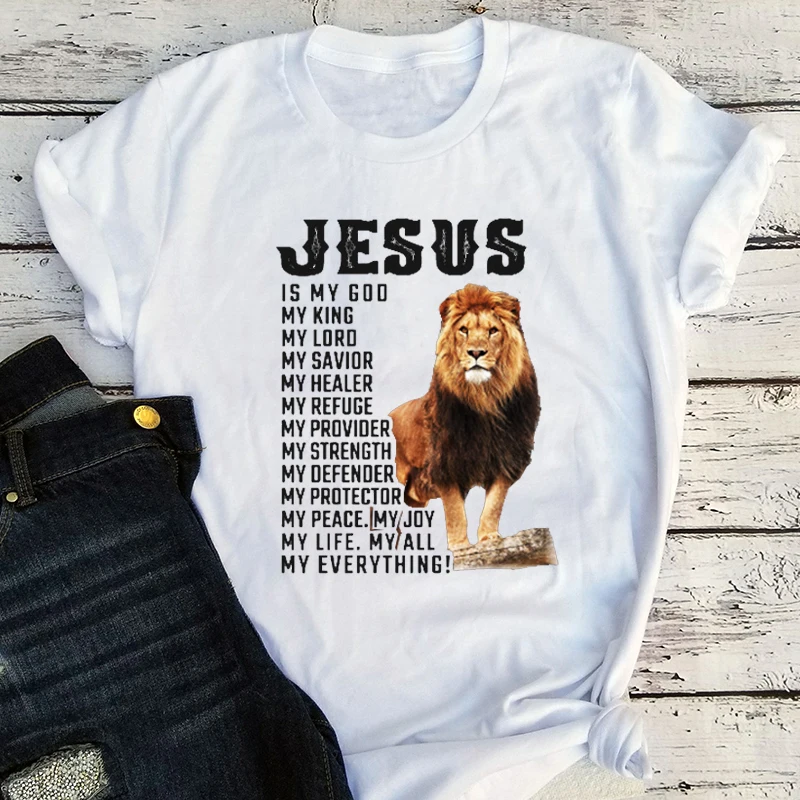 

Jesus Is My God My King Woman Tshirts Lion Pattern Cute Clothing Summer Plus Size Jesus Loves You Tops for Man Plus Fashion