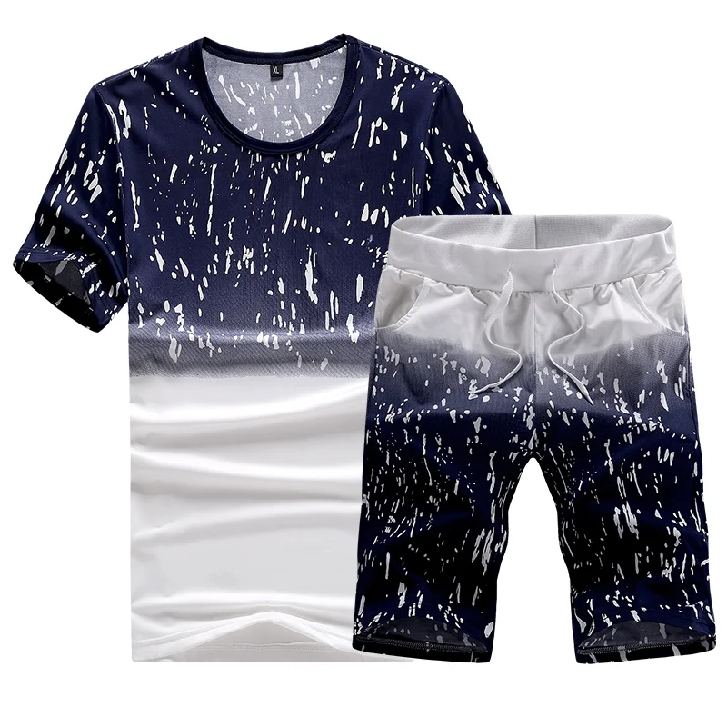 

Summer Mens Sets Short Sleeve Print Tracksuit Men Sportswear Casual 2 Pieces Set T-Shirt+Shorts Male Clothes Slim Sports Suits