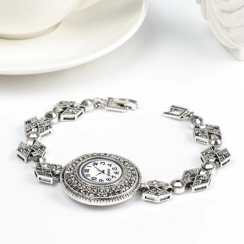 Женские винтажные кварцевые наручные часы женские с черным кристаллом браслет