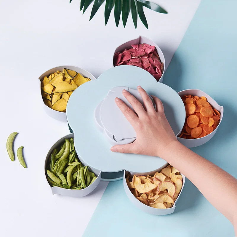 

Single Layer Snack Box Candy Plates Petal-Shape Rotating Snack Tray Dried Fruit Plate Storage Organizer with Mobile Phone Holder