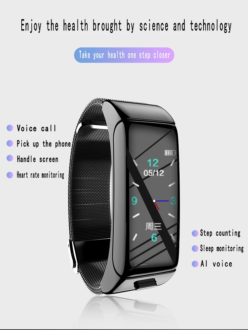 B6 Bluetooth earphone smart headset watch with microphone Smart Bracelet Waterproof touch screen Watch Band Alarm Clock