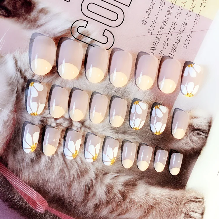 24pcs Fashion False Nails Full Cover Fake with Glue DIY Nail Art Tips 3D Flower Build Press on | Красота и здоровье