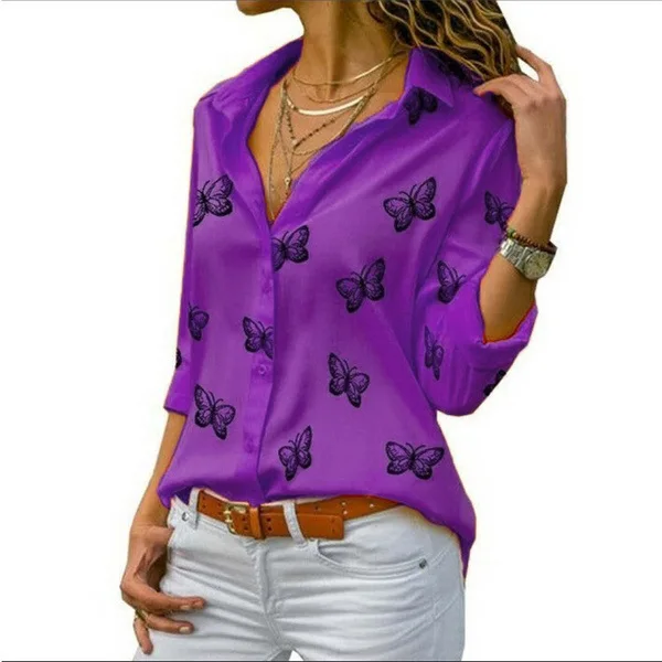 

Spring and autumn new fashion butterfly print loose lapel shirt women