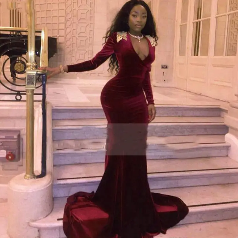 

Simple Burgundy Velour Prom Dresses Modest Arabic Africa V Neck Long Sleeves Lace Appliqued Formal Party Gown Custom Plus Size