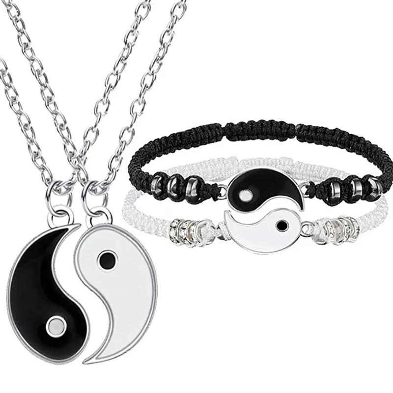 Комплект из браслета и ожерелья Tai Chi Yin Yang подвеска сплава регулируемая оплетка