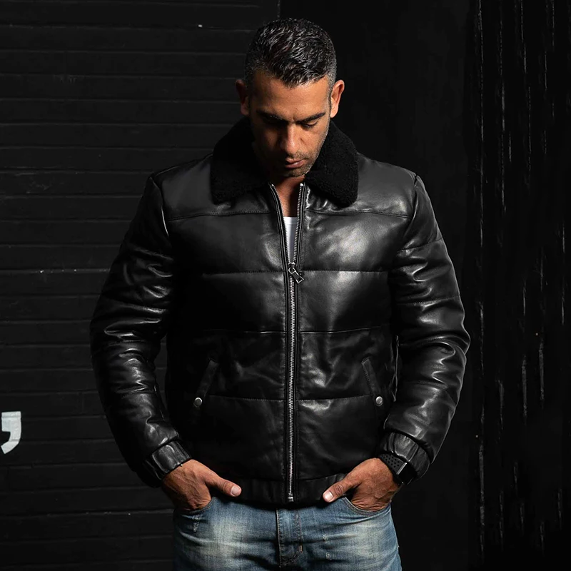 Воротник из натурального меха мужской зимний пуховик черной овчины мужская