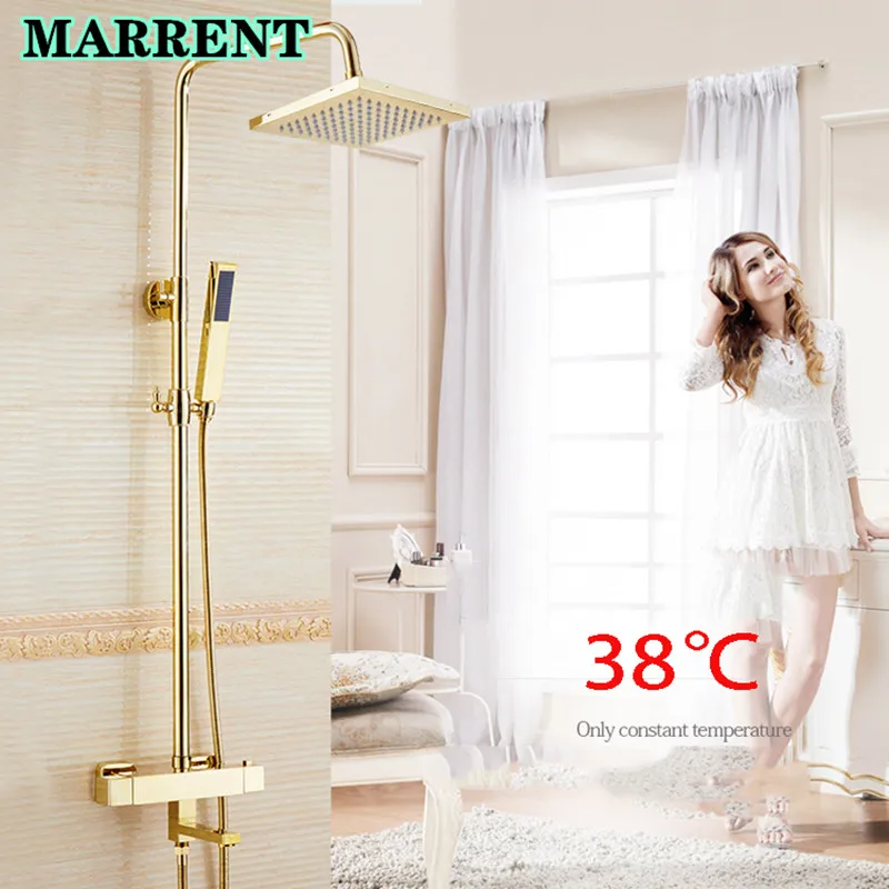 

Thermostatic Mixer 3 Outlet Gold Bathroom Shower System Solid Brass Bathroom Shower Set Wall-mounted Shower Faucet Mixer