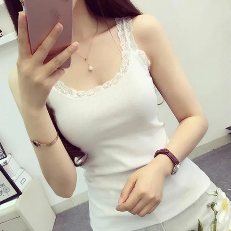 

Ladies Lace Camisole Round Neck Sexy Thin Straps Summer Cool Plain Color Temperament