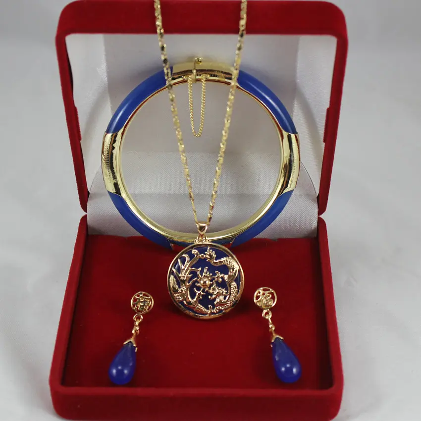 

7,5 'синий нефритовый браслет, серьги и дракон инкрустация синий Нефритовый Кулон Ювелирные наборы на Рождество и День Святого Валентина под...