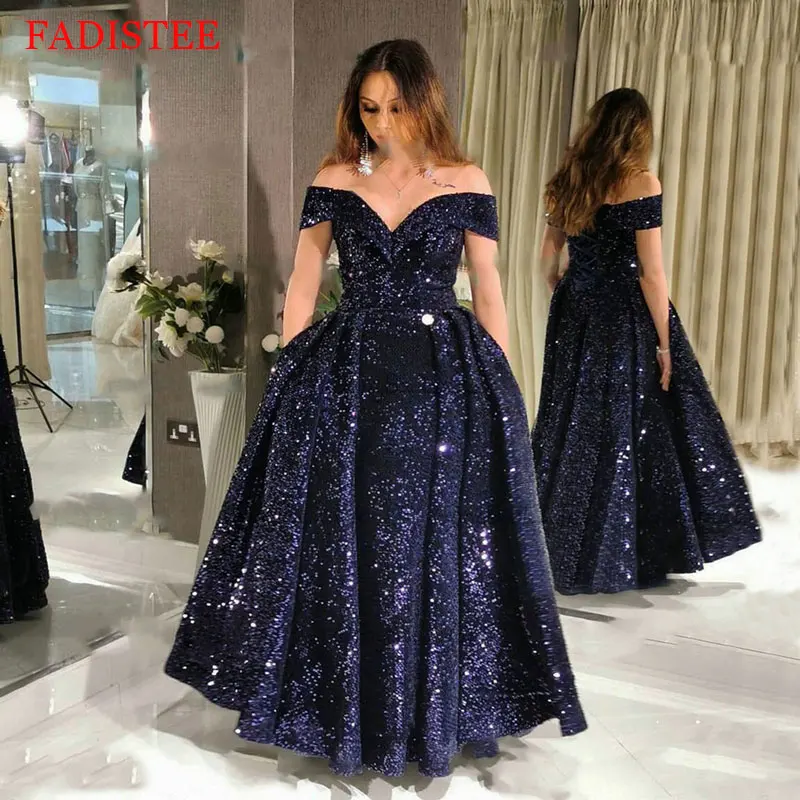 

Sparkly Dark Navy V-neck Evening Dresses Long Off Shoulder Lace Up Bling Bling Sequined Formal Women Gowns Party Robe De Soiree
