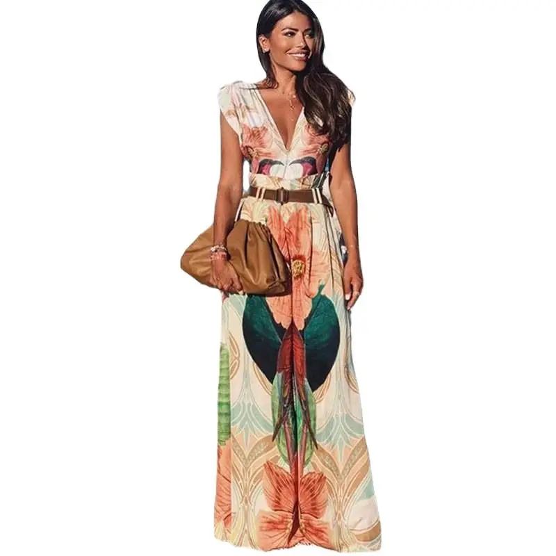

Women Jumpsuit V-neck Sleeveless Print Rompers Womens Jumpsuit Vintage Sexy Plus Size Long Jump Suits Women 2021 New