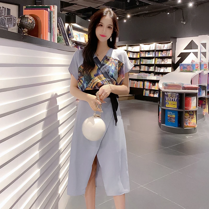 

Waist-Tight Retro Dress for Women 2021 Summer New Korean Style Mid-Length High Waist Slim-Fit Short Sleeve Split Skirt