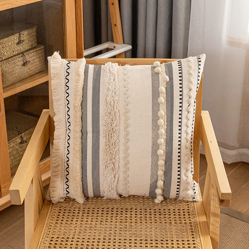 Хлопковая наволочка с кисточками в богемном стиле 30 Х5 0 см/45 х45 см бохо бежевая