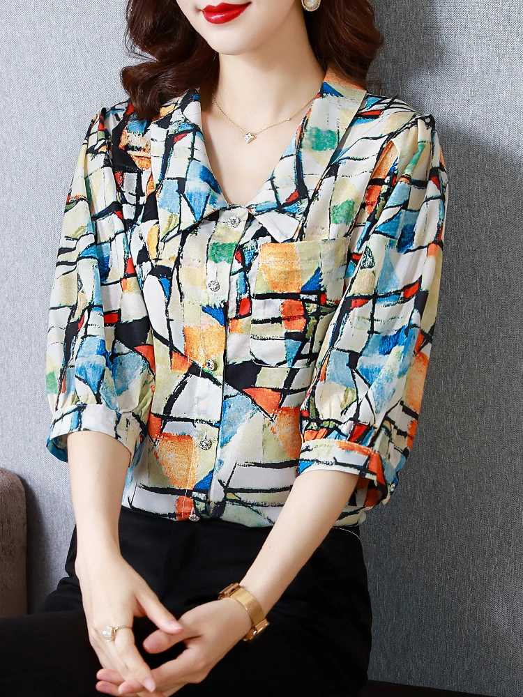 

Houthion Chiffon Slim Women's Blouses New Casual Blouse Fashion Short Sleeve Top Lattice Buttons Pocket V-neck Shirt Summer