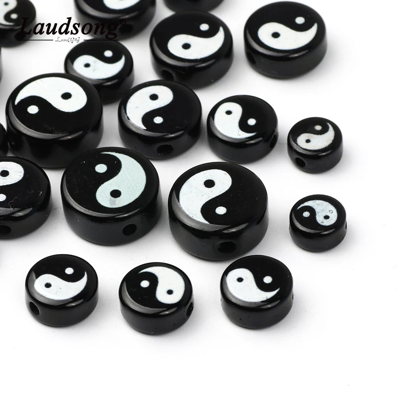 

Black Tai Chi Resin Beads 8/10/12/14mm Flat Round Loose Spacer Beads For Jewelry Making DIY Earrings Necklaces Bracelet Supplies