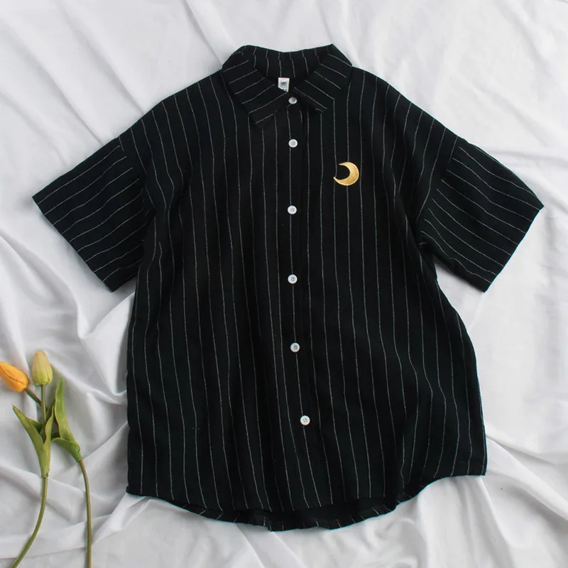short sleeve black Уличные забавные повседневные полосатые женские блузки в винтажном стиле Харадзюку с вышивкой Луны, рубашки на пуговицах с длинным рукавом, топы с передними карманами - Цвет: short sleeve black