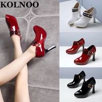 kolnoo new arrival handmade ladies chunky heeled pumps patent leather double buckle straps three color fashion party court shoes