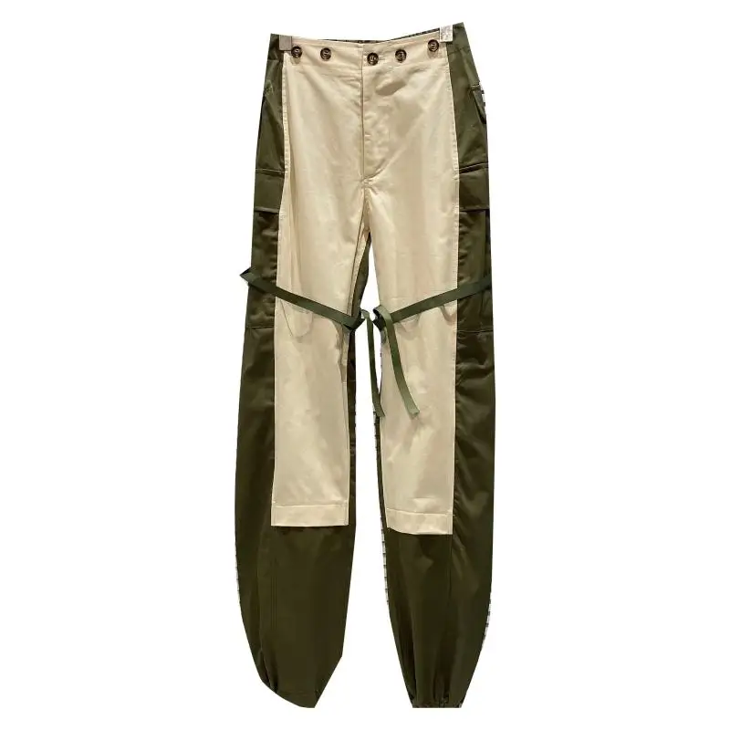 

2021 Summer Green Cargo Pants New Style Side Double Pockets Contrast Color Trend Corset Bandage Casual Women's Pants