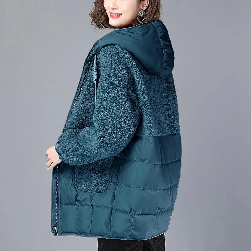 M-4XL Plus Size Lamb Winter Jacket Long Windproof Hooded Faux Fur Coat Thick Loose Outwear Ladies Casual Down Cotton Overcoat