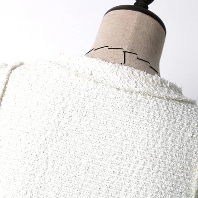 

Elegant Women Tweed Dress Fashion Sexy Sleeveless Beading Summer Dresses Office Lady Work Clothes White O-Neck Dress Female New