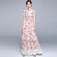 banulin 2021 summer runway vacation maxi dress women short sleeve lace splicing floral print high elastic waist long dress
