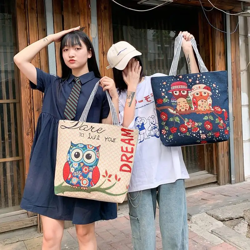 

Korean Fashion Women Handbag Shoulder Bad Big Capacity Bag for Travel Cute Cartoon Printing Canvas Bag Women Bag