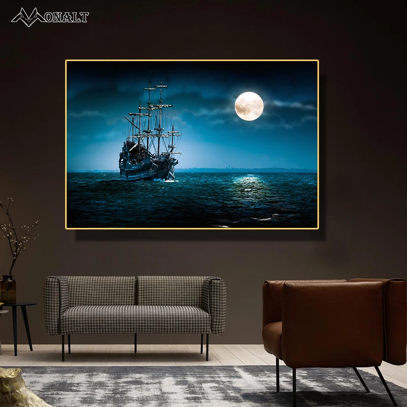 Художественное полотно Луна корабль парусный по морю современное искусство для