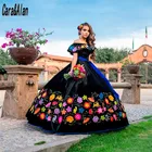 Очаровательные черные платья Quinceanera с цветочной вышивкой Charro Vestido De 15 лет 2021 с открытыми плечами Sweet 16 платья для выпускного вечера