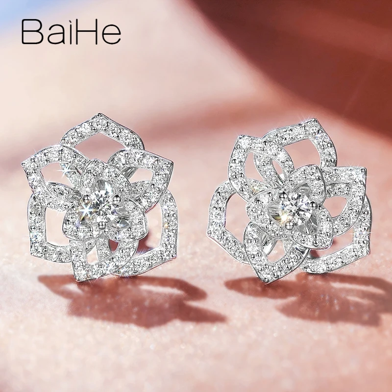 BAIHE Solid 14K белое золото 0.85ct(Tote) H/SI натуральные бриллианты свадебные женские модные ювелирные изделия подарок серьги-гвоздики