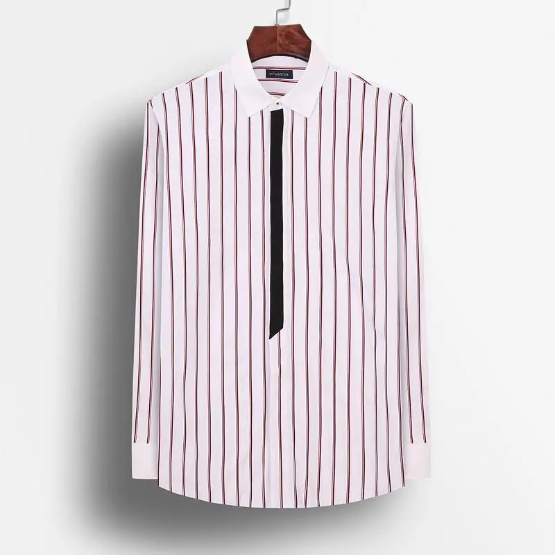 

Men's Black Block Hidden Buttons Placket Striped Shirts Pocket-less Design Long Sleeve Standard-fit Casual Bamboo Fiber Shirt