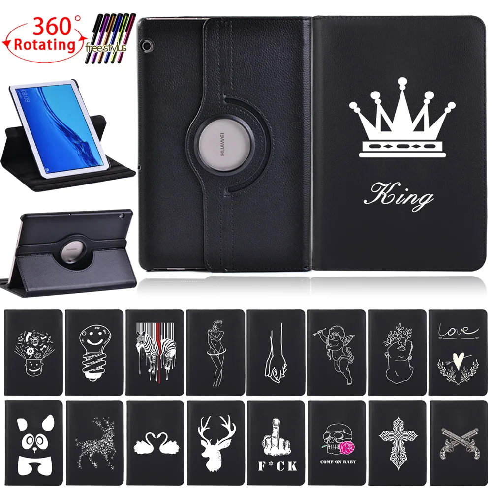 

360 Rotating Tablet Case for Huawei MediaPad T3 10 9.6"/MediaPad T5 10 10.1"pu Leather Stand Protection Cover + Free Stylus