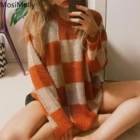 mosimolly plaid sweater jumper pullovers women long sleeve aw loungewear knit sweater pullovers casual 2022 retro sweater