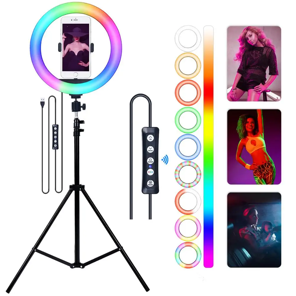 FOSOTO RGB Led Selfie Ring light With Holder USB Photographic Lighting Lamp Ringlight With Stand For Makeup Video Live Youtube