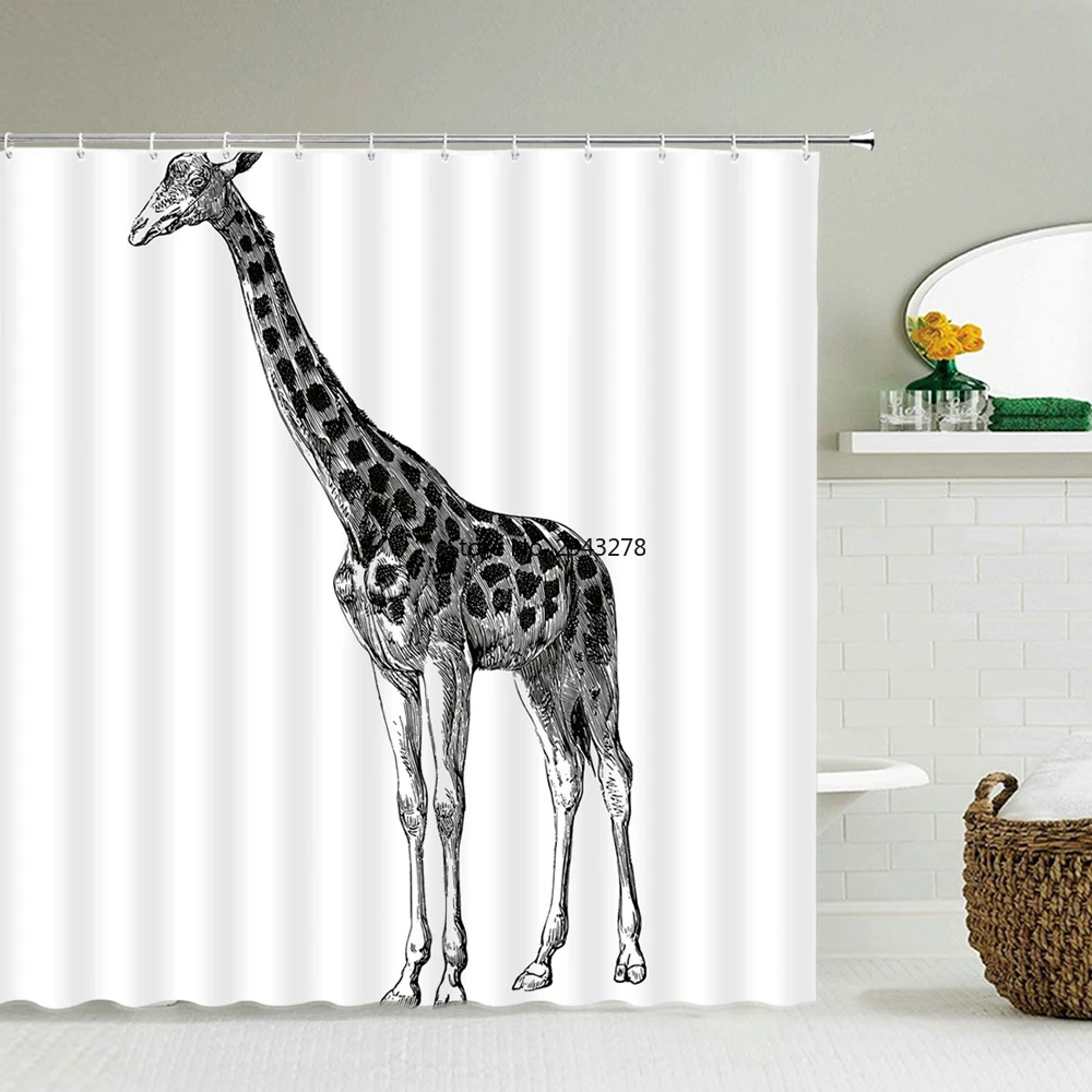 

Waterproof Fabric Shower Curtain 3D Cartoon Black White Cute Funny Giraffe Print Bathroom Curtains with Hooks Home Decoration