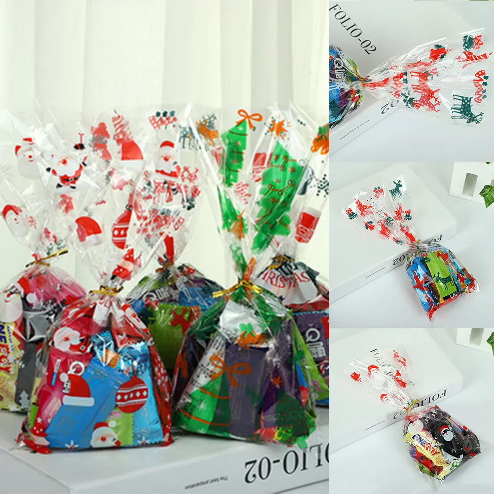 

50Pcs Santa Claus Christmas Tree Elk PVC Bags Transparent Clear Gift Bag For Christmas Gift Baking Candy Cookie Packaging Bags