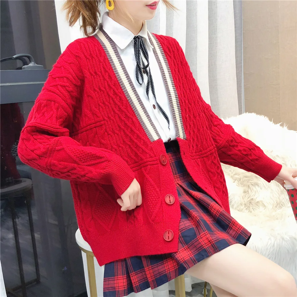 

Fall/Winter 2020 new Korean loose loose sweater cardigan jacket women's college wind twist thick wool sweater