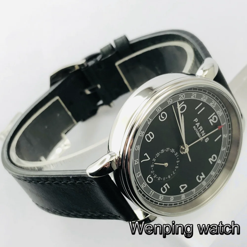 Новинка Parnis 42 мм GMT серебристый циферблат черный Арабская марка Дата Окно кожаный
