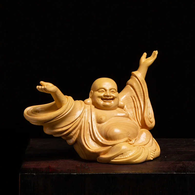 Boxwood 11cm Maitreya Sculpture Laughing Buddha Wood Statue Lucky Feng Shui Home Decor