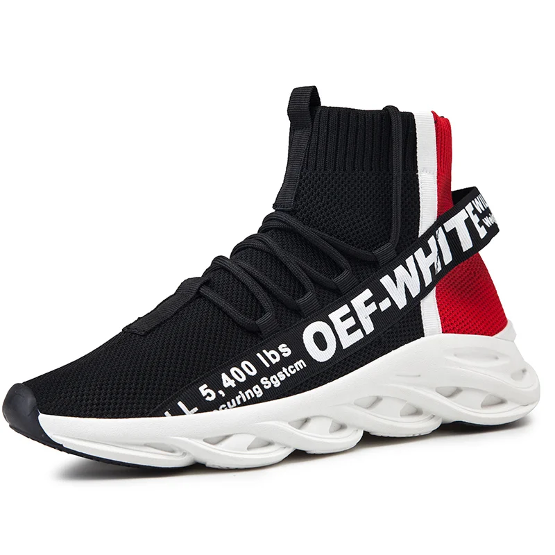 Men's Spring Autumn Fashion Leisure Casual Shoes Mesh Fabric Lightweight Hiking Walking Running Sport Sock High-top Sneakers - Цвет: Black-red