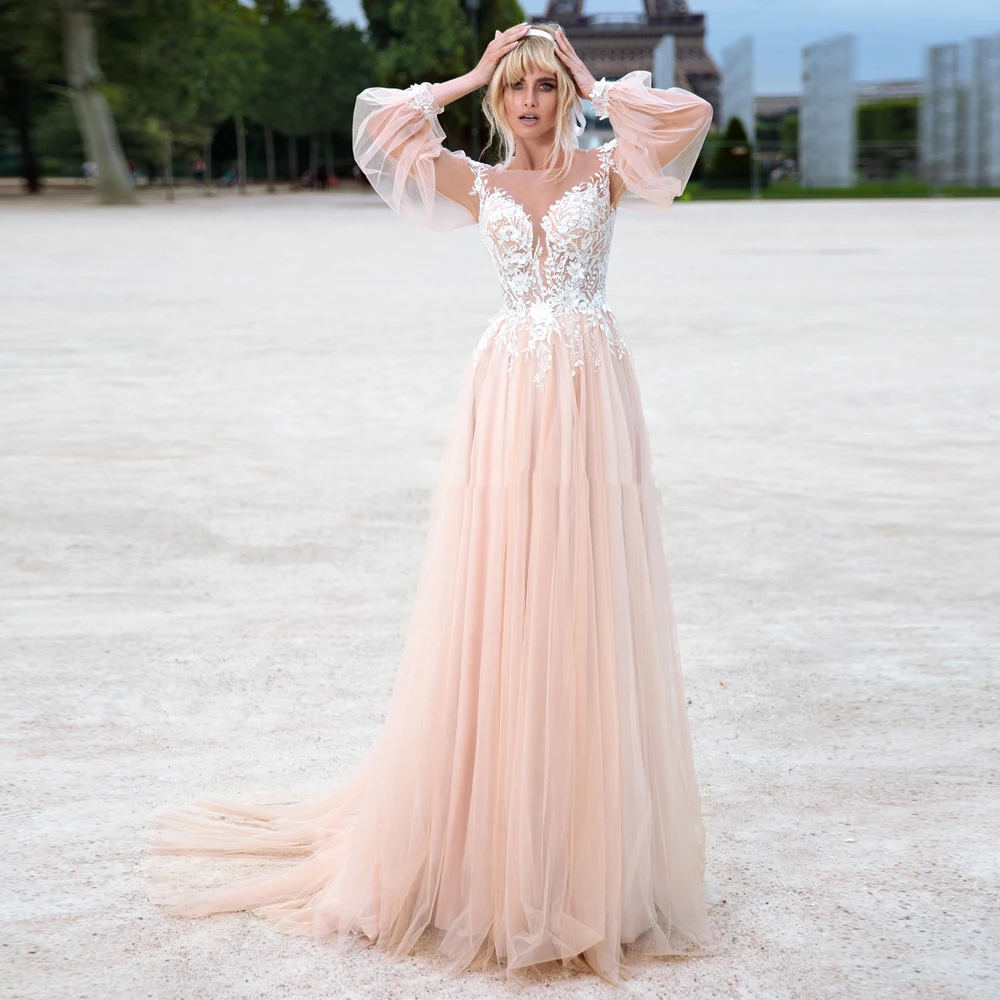 Свадебное платье цвета шампанского с длинным рукавом иллюзией на спине а-силуэт