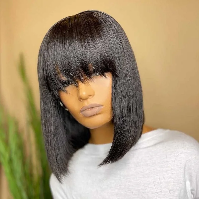 

Straight Bob Wig With Bangs Fringe Bob Human Hair Wig For Women Brazilian Remy Hair Glueless Full Machine Made Fringe Bob Wigs