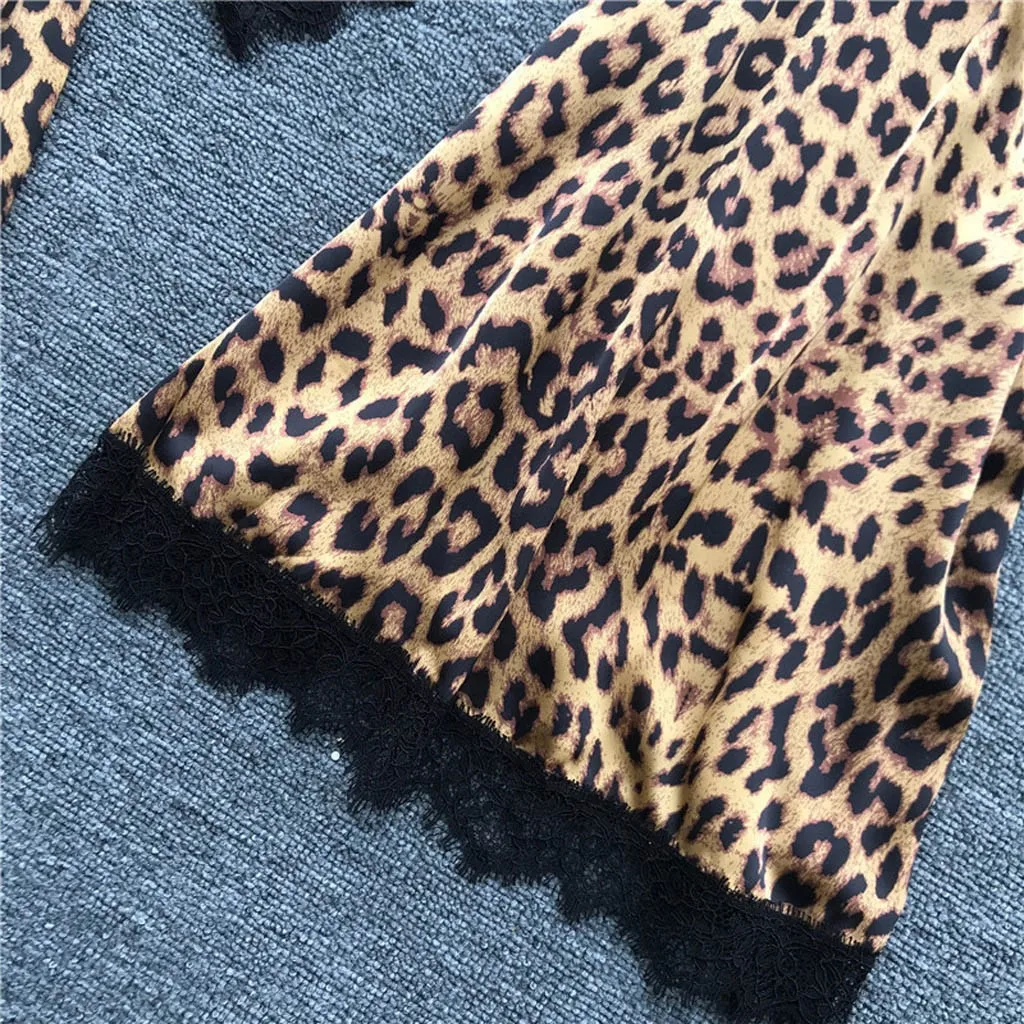 

Sexy Leopard Pajama Set Satin Silk Lace Robes Nightdress Camisole Shorts 4pc Suit Set Bathrobe Underwear Sleepwear Home Wear