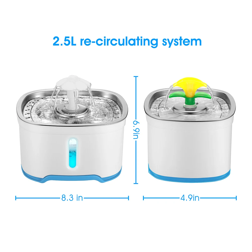 

2.5L Stainless Steel Pet Cat Puppy Water Fountain Automatic Filter Drinking Water Dispenser Container with LED Light