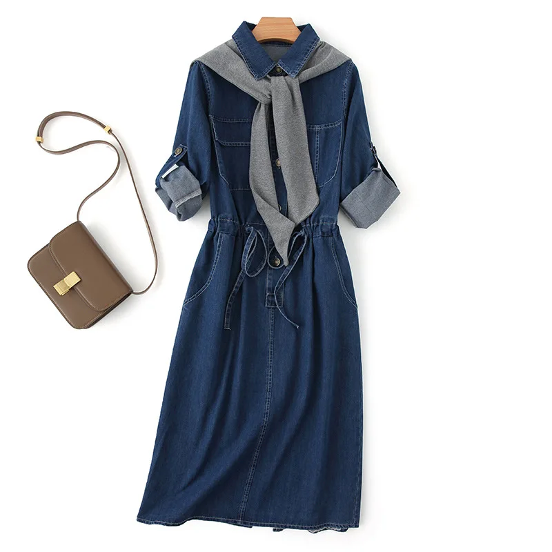 

Denim dress 2021 spring fashion temperament leisure show thin Lapel long dress women 4527