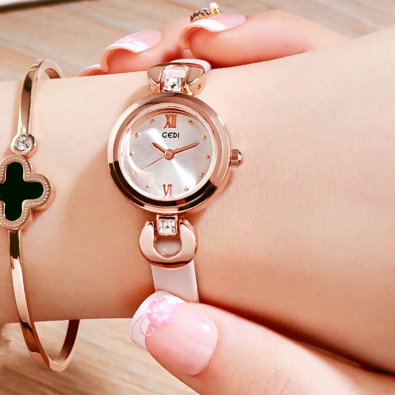 Relogio Feminino GEDI 8 мм ультратонкие женские кварцевые часы Лакшери модные часы Montre Femme женские элегантные часы браслет подарок - Цвет: Pale pinkish gray