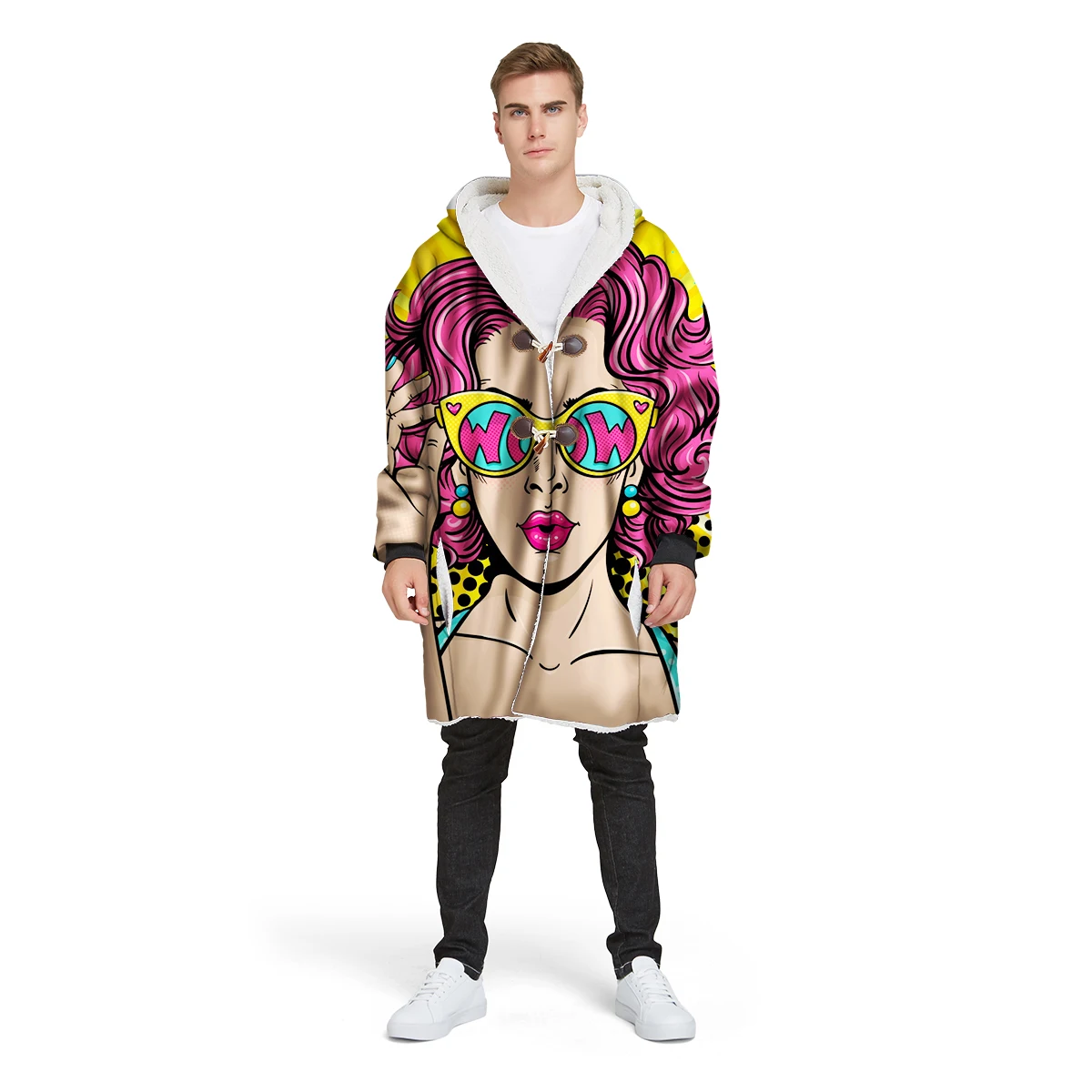 

2019 new brand 3D print custom design man's Sherpa coat loose long winter plus velvet jacket 100% polyester hooded warm CL25