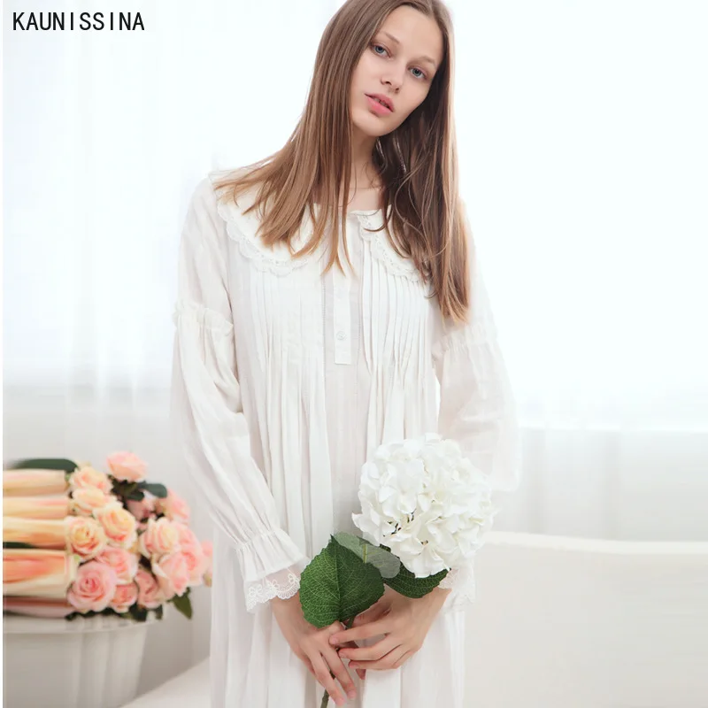 

Элегантная Однотонная ночная женская ночная сорочка в викторианском стиле одежда для сна с длинными рукавами, кружевные хлопковые Ночное п...