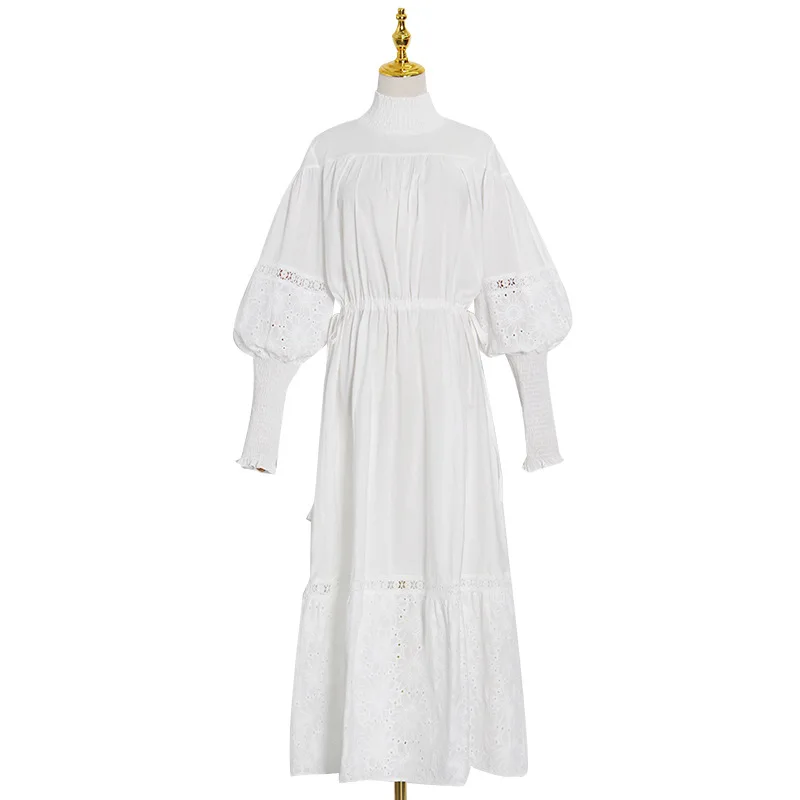 

Tide brand new fashion temperament stand collar lantern sleeve design hem flounce long dress