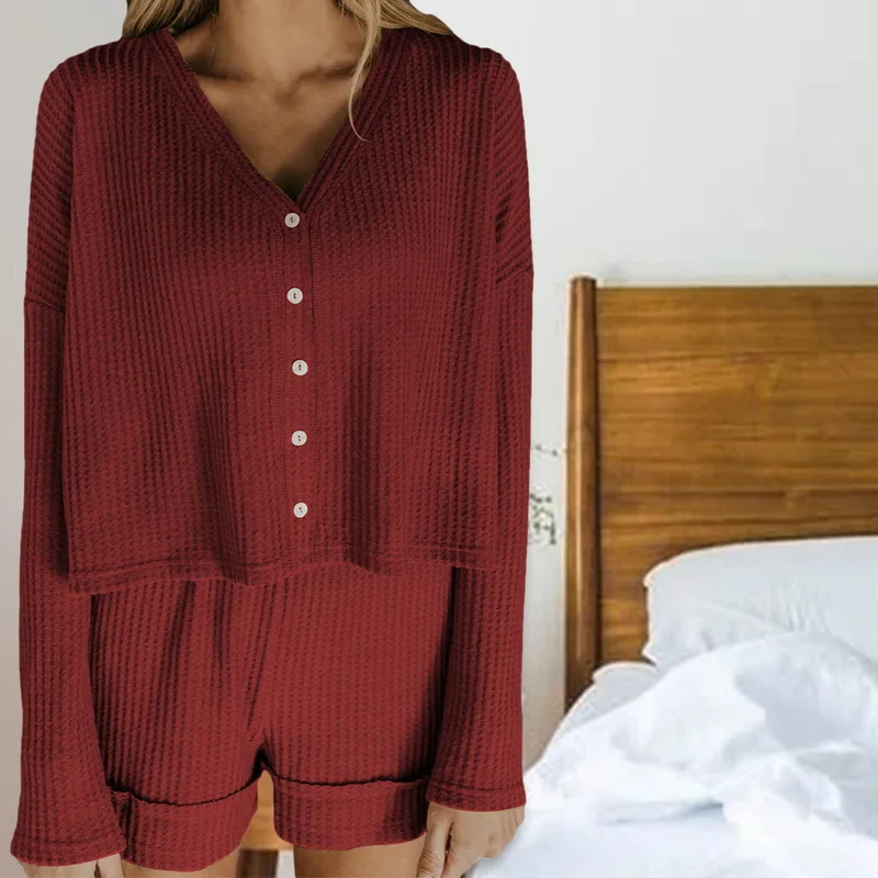 

WENYUJH Women Casual Pajamas Knitted Top Shorts Suit 2021 Autumn Spring V-collar Buttons Cardigans+Pants 2pcs Pyjamas Set Female